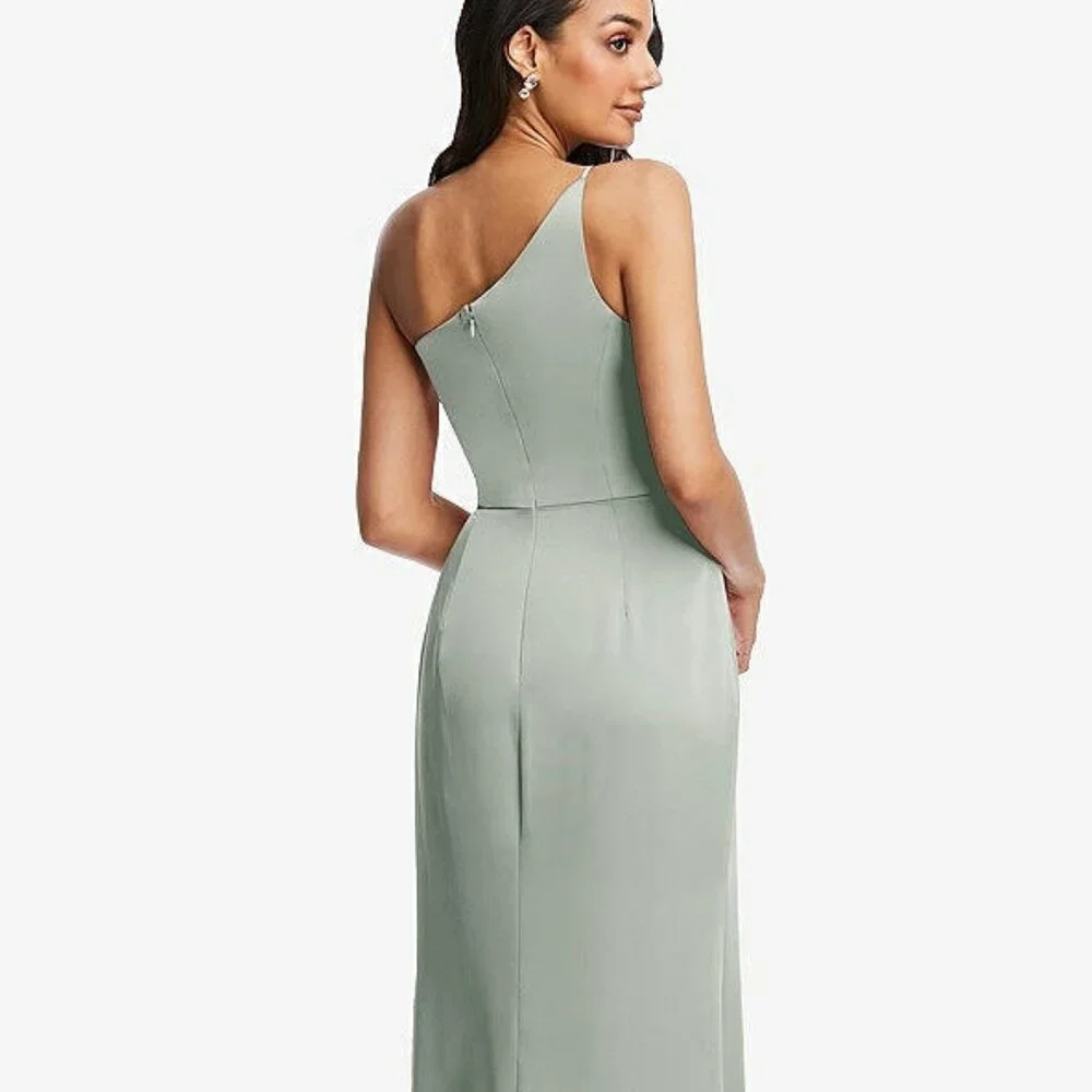 After Six 6878...One-Shoulder Draped Skirt Satin Trumpet Gown...Willow...Sz 10 - Picture 3 of 6
